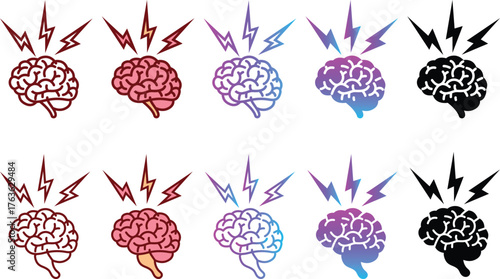 Collection of human brain vector symbols with electric bolts, symbolizing headache, stress, migraine, or a creative brainstorm, isolated in various color styles.