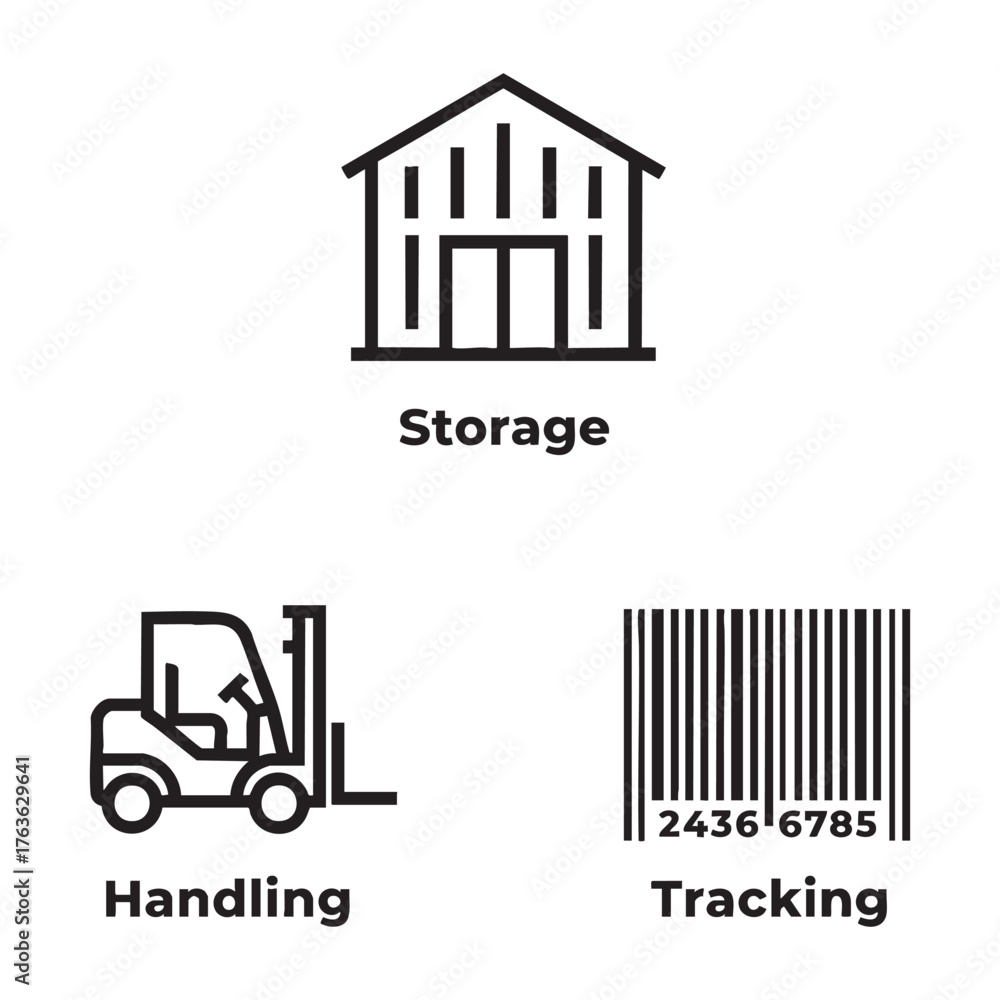 Obraz premium Logistics Icon Set Warehouse Forklift Barcode Outline Vector