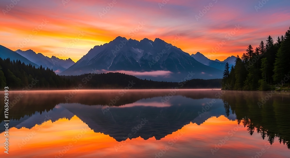 Fototapeta premium Serene Mountain Reflection at Sunrise - A Breathtaking Landscape.