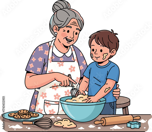 Grandmother and grandson baking cookies together in kitchen