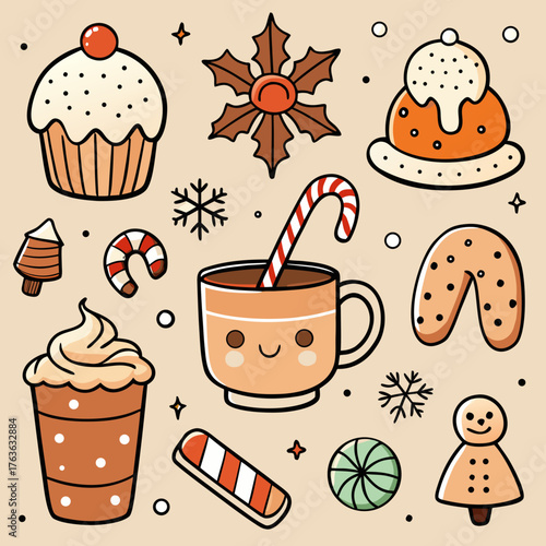 Christmas Dessert Line Art Vector Set | Minimal Holiday Sweets & Bakery Outline Illustrations