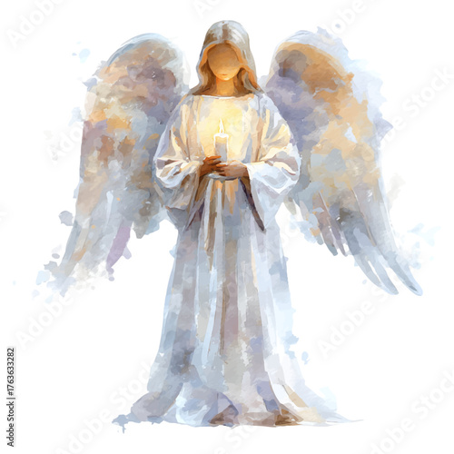 Angel figure in serene watercolor style holding a glowing candle, depicting spirituality, hope, light, and grace on a transparent background for religious and holiday themes