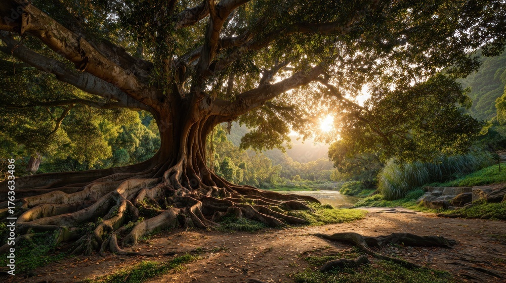 Naklejka premium Majestic tree roots and sunlight