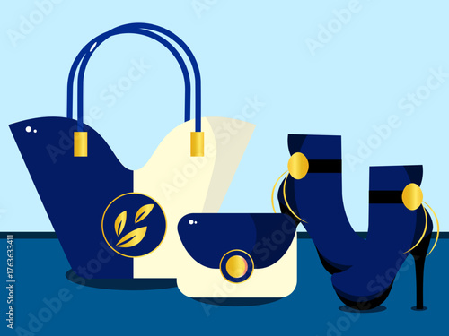 Navy blue and cream handbag with matching heels and purse