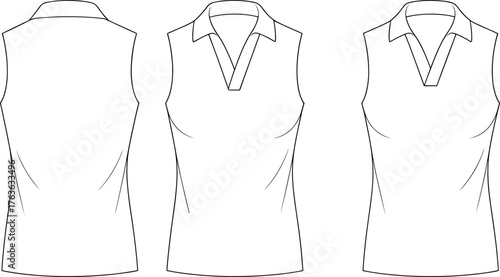 Cad drawing flat vector illustration, sleeveless collared top fashion sketch, front and back view,
