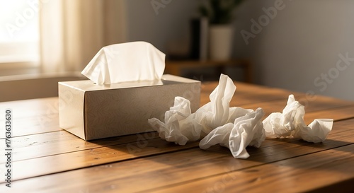 Box of tissues and used tissues on a wooden table.