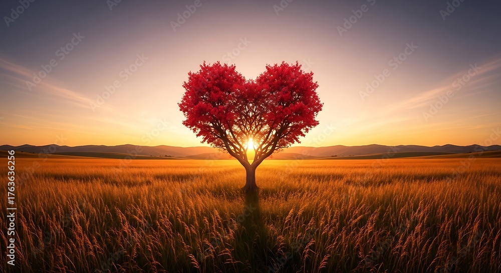 Fototapeta premium Heart-shaped tree in a golden field at sunset, symbolizing love and natures beauty.