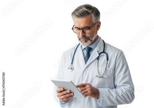 Doctor with stethoscope reviews digital device with serious expression transparent background
