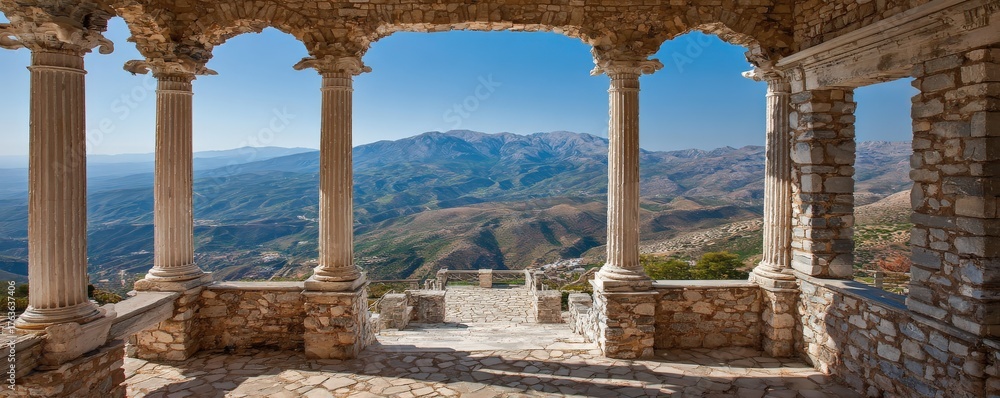Fototapeta premium A stunning view from a stone structure featuring majestic columns, overlooking rolling hills and mountains under a clear blue sky.