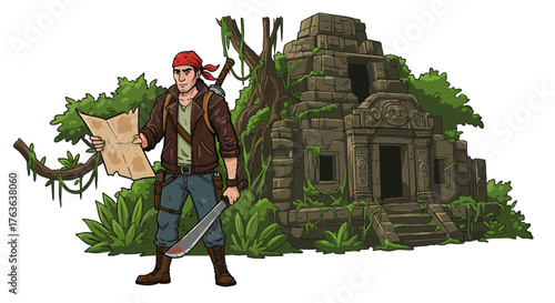 Adventurous explorer with map in front of ancient jungle ruins