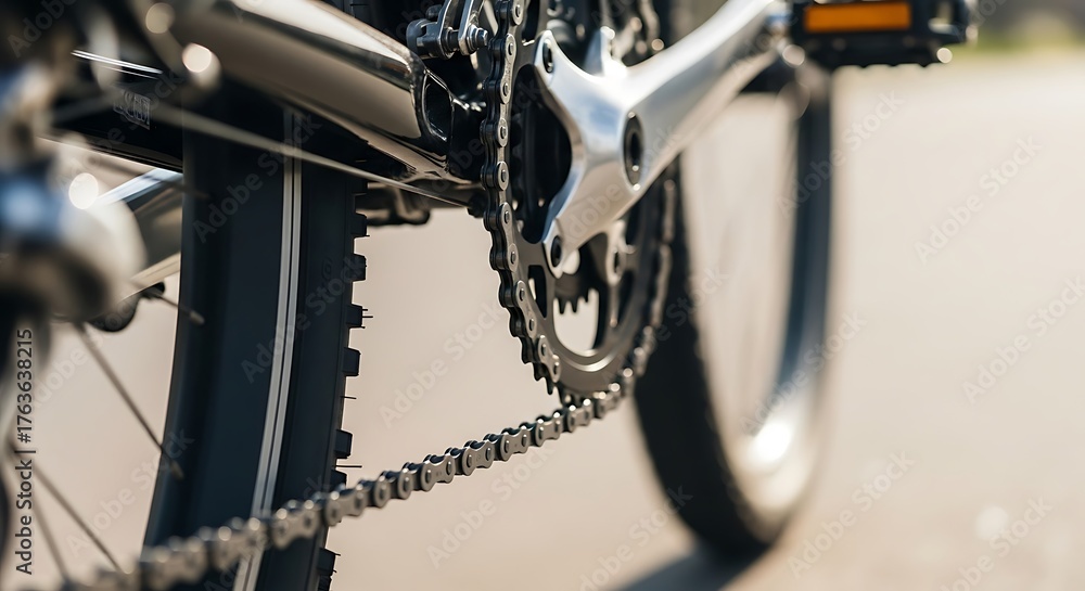 Fototapeta premium Close up of a bicycle chain and gears, showing the intricate mechanics of the bikes drivetrain.