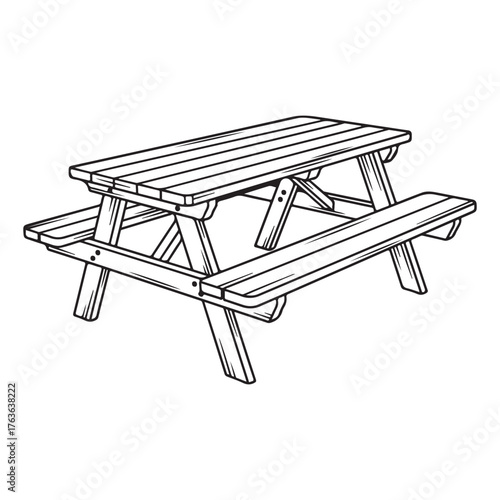 Wooden picnic table and benches isolated on white background