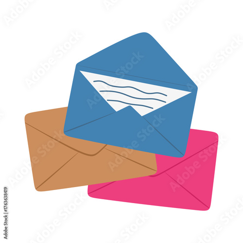 Paper envelopes for holiday letters. Festive post messages. Blue, pink and brown kraft envelope isolated on white background. Mail message sending. Colored flat vector illustration