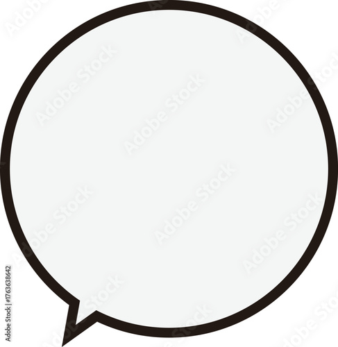黒い縁の正円のふきだし。テキストスペースは薄いグレー。丸くて使いやすい。フキダシの先端は下にある。