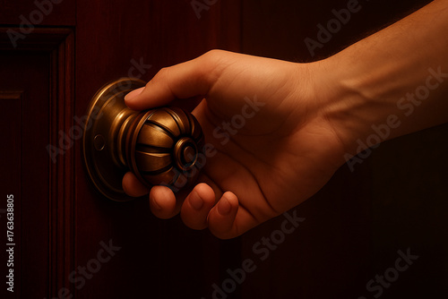 Intrigue unfolds as a hand reaches for a vintage brass doorknob, opening the door to secrets and possibilities in a softly lit, classic interior, perfect for suspenseful storytelling and mystery conce