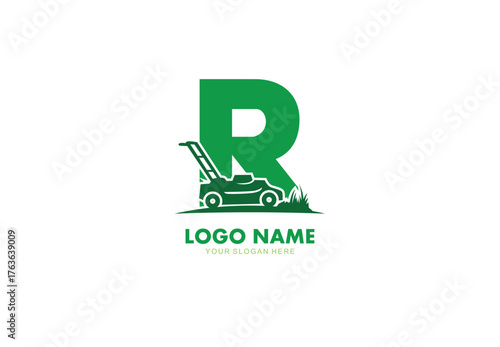 Letter R lawn care logo design with mower concept