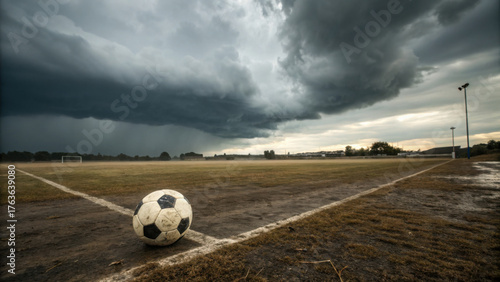 Dramatic storm clouds over rural road, lone soccer ball on wet asphalt, moody landscape backdrop for sport concept