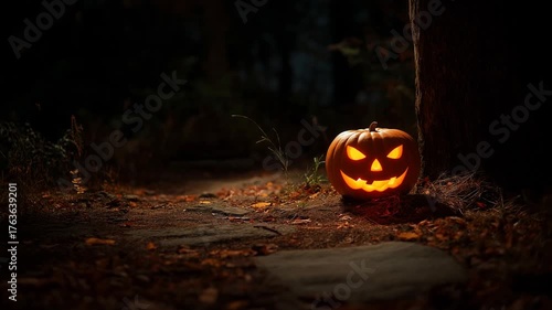 Scary Jack-o'-Lantern on Dark Forest Path
