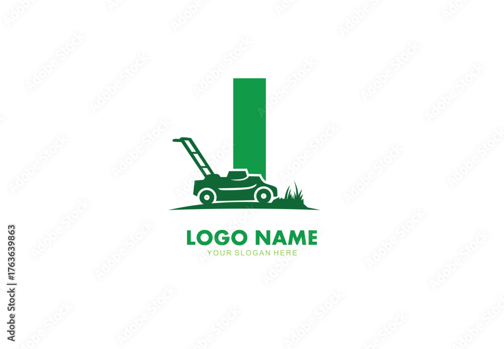 Fototapeta premium Letter I lawn care logo design with mower concept
