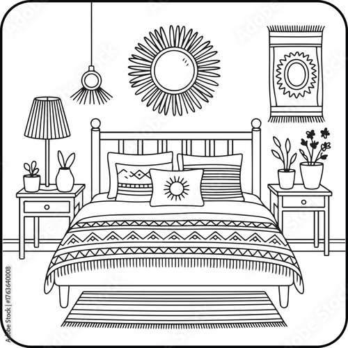 Bedroom Interior Coloring Book Page – Cozy Bed and Home Decor Illustration, Hand Drawn Line Art Vector for Kids and Adult Relaxation.