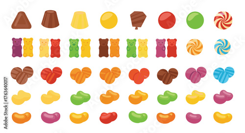 Colorful candies assortment on white background various shapes and sizes.