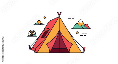 Camping tent illustration with mountains and clouds in background.