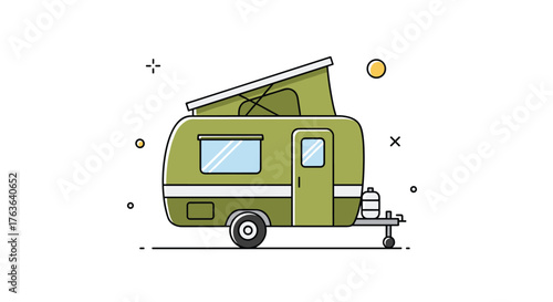 Green camping trailer illustration for outdoor travel and adventure.