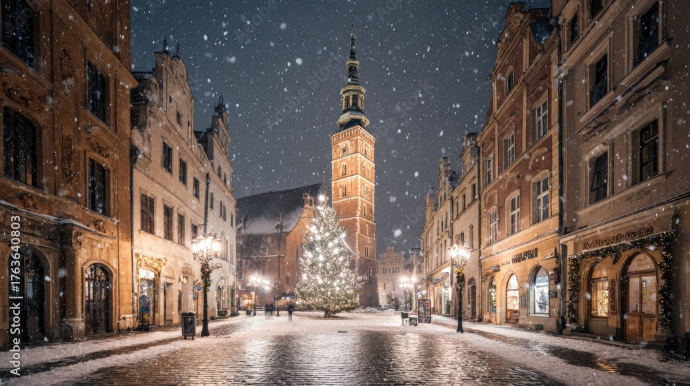 Obraz premium Festive European Cityscape at Night with Snowfall: A Winter Holiday Scene with Architectural Landmarks