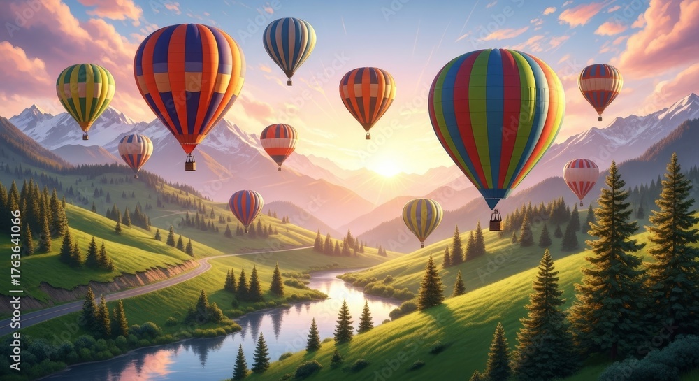 Fototapeta premium Colorful Hot Air Balloons over Green Hills and Snowy Mountains at Sunrise ,Scenic Landscape Vector Illustration in Warm Pastel Colors