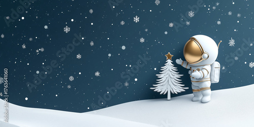 Astronaut with Christmas tree in outer space, snow and stars around, futuristic winter landscape, minimal modern holiday illustration for Christmas and New Year 2026 backgrounds