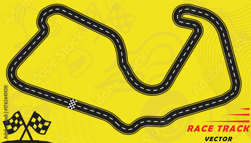 Creative vector illusion of race track isolated on yellow background. Speed race track design with creative icons.