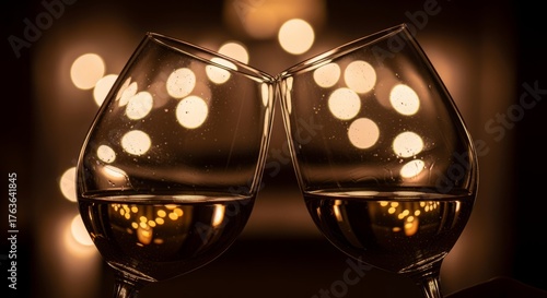 Elegant Wine Glasses Toasting with Golden Festive Bokeh Background