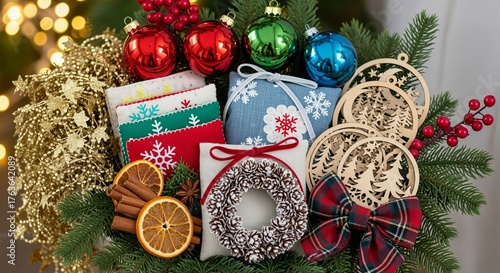 Festive Christmas Decorations with Colorful Baubles and Holiday Ornaments