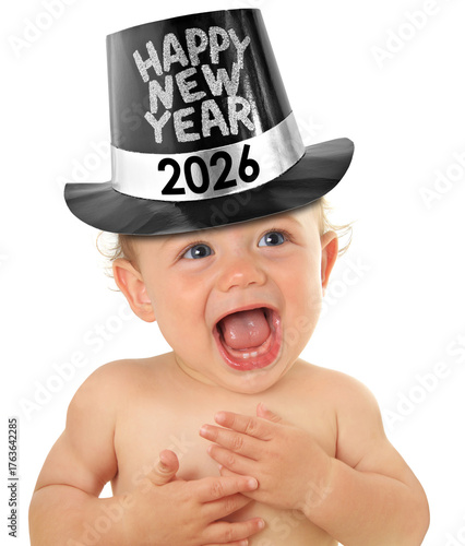 2026 Happy new year baby. Toddler wearing a tophat for New Years eve party. 2026 celebration