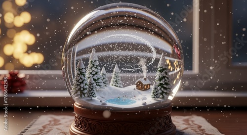 Festive Snow Globe Featuring Winter Scene with Evergreen Trees and Cottage