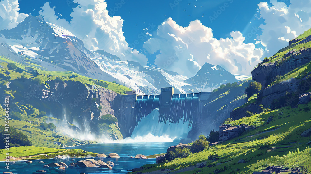 Naklejka premium Hydroelectric dam in a mountain landscape with waterfalls, lush greenery, and a bright blue sky with clouds, showcasing renewable energy generation