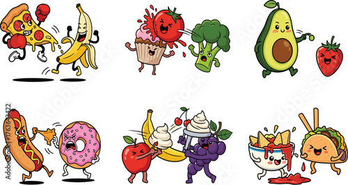 Funny Cartoon Food Characters Fighting Vector Set, Healthy vs Unhealthy Battle Illustration, Comic Diet Concept Graphics.