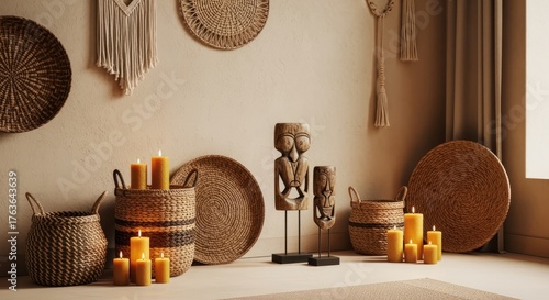 Warm Interior with Rustic Baskets, Decorative Art, and Lit Candles