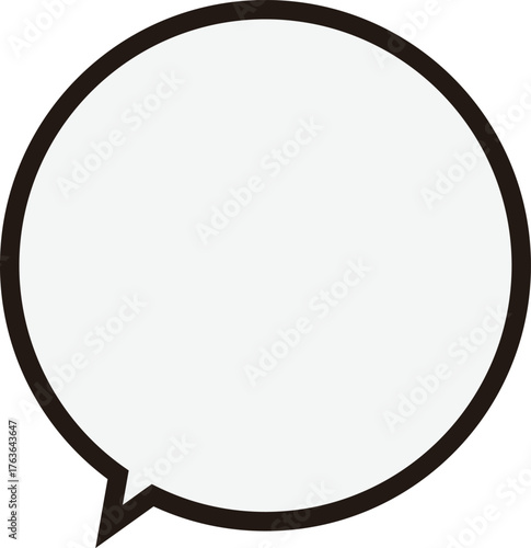黒い縁の正円のふきだし。テキストスペースは薄いグレー。丸くて使いやすい。フキダシの先端は下にある。