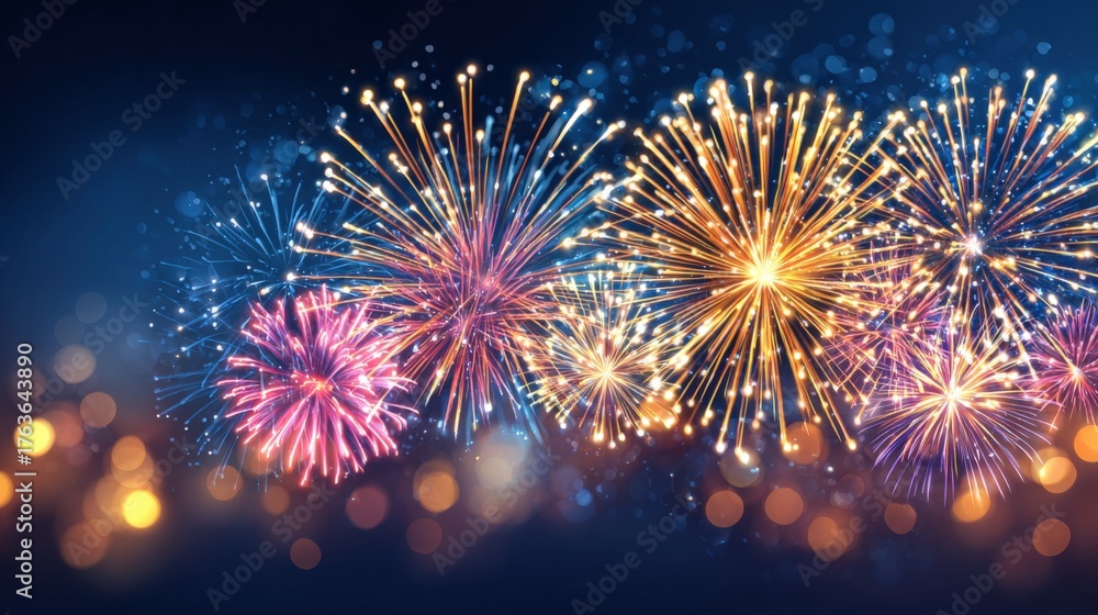 Fototapeta premium Vibrant Fireworks Display Against Dark Blue Sky Background, Festive Celebration, and Abstract Holiday Design