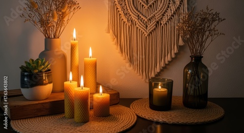 Burning Yellow Beeswax Candles with Macrame Wall Art Home Decor