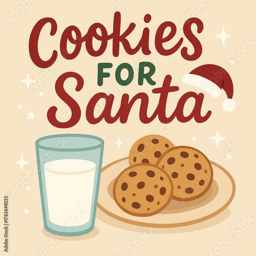 Cookies for Santa with Milk and Christmas Hat Flat Vector Illustration