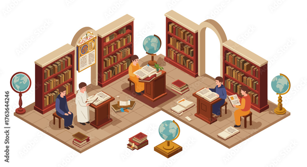 Fototapeta premium Ancient library isometric design featuring scholars and books in a historical setting