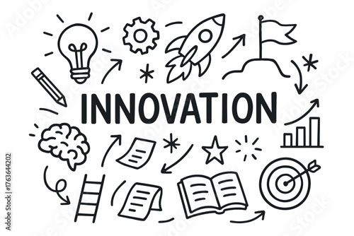 Creative innovation concepts with doodle icons of rocket brain and lightbulb