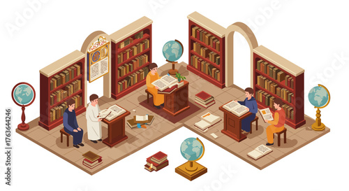 Ancient library isometric design featuring scholars and books in a historical setting
