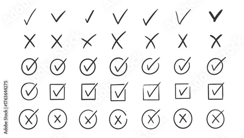 Hand drawn black check mark and cross symbol set