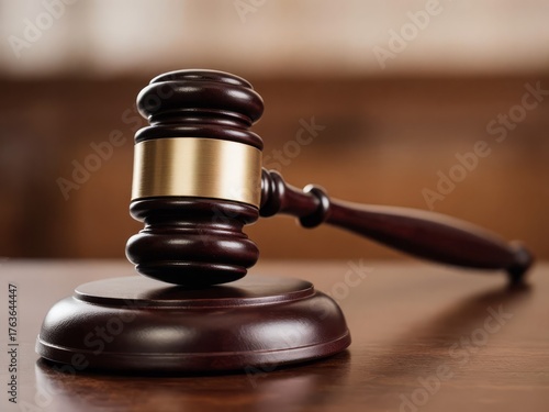 Judge’s gavel with gold band resting on polished wooden sound block, shown in close-up against blurred courtroom background to highlight legal symbolism and decision-making authority.
