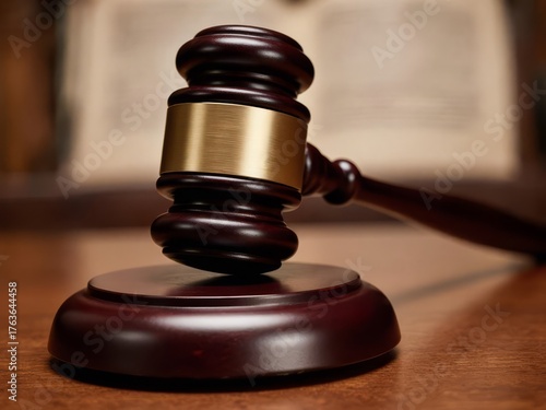 Judge’s gavel with gold band resting on polished wooden sound block, shown in close-up against blurred courtroom background to highlight legal symbolism and decision-making authority.