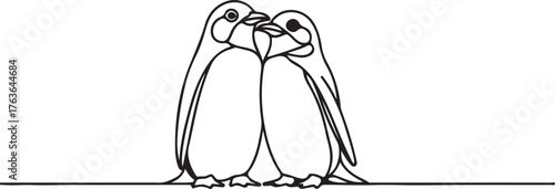 Minimalist Penguin Trio in Affectionate Pose – Clean Line Art Illustration