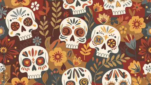 Día de Muertos Seamless Pattern with Ornate Sugar Skulls and Folk Art Flowers
